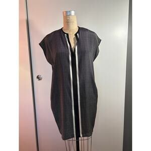 Vince 100% Silk Shift Dress XS Black Cream Contrast Trim Minimalist Midi